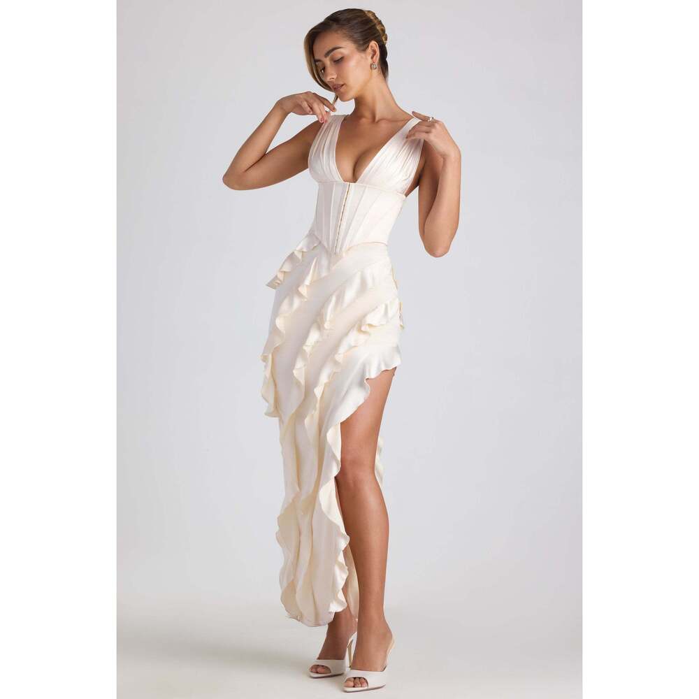 Oh Polly Ruffle-Trim Corset Maxi Dress in Ivory 4
